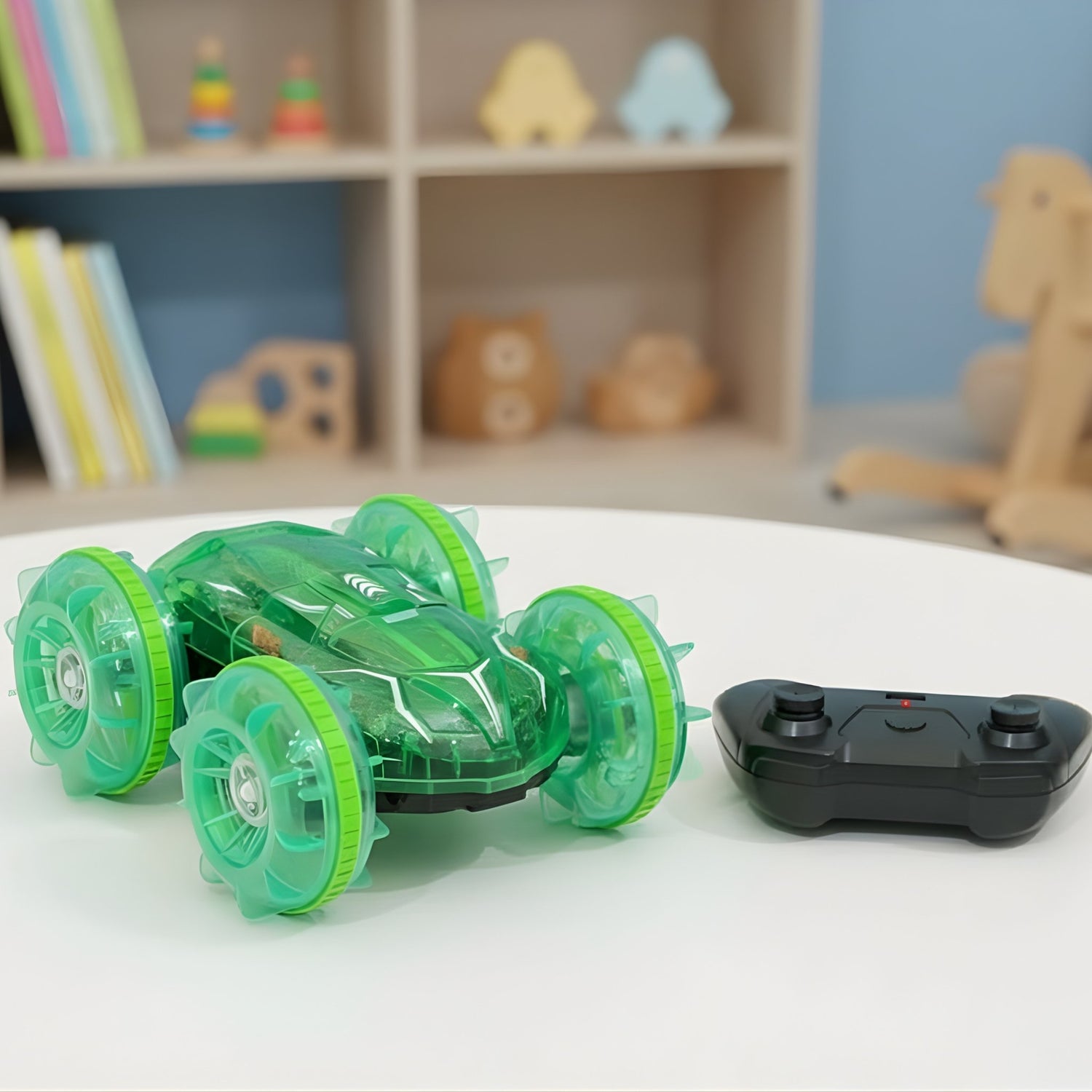 Toy car with green wheels and a remote control on a white surface, with a shelf of toys in the background.