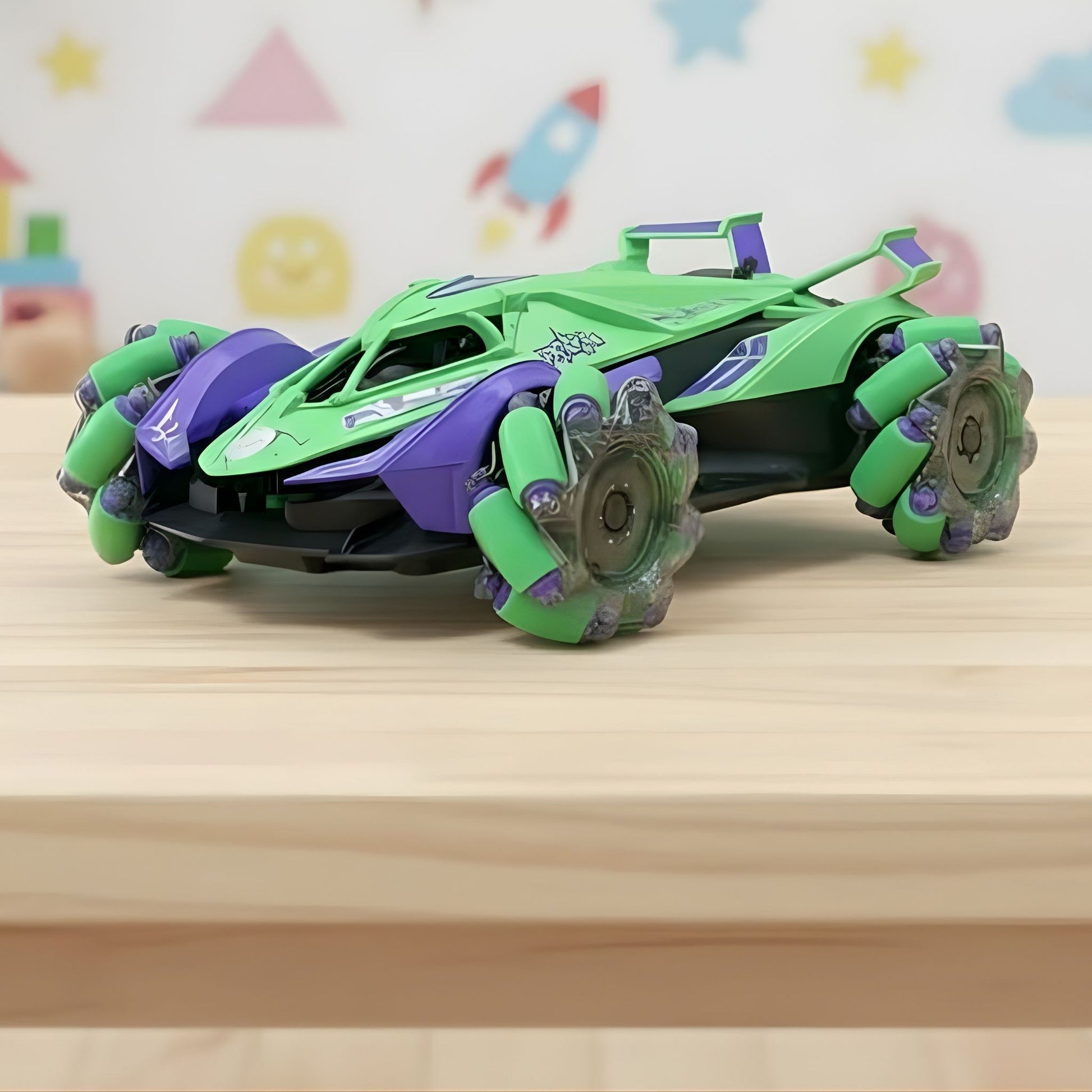 Toy vehicle with green and purple design on a wooden surface