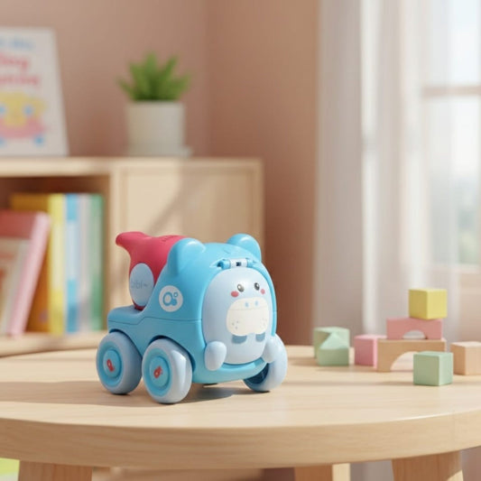 Toy car with a cartoon character on a wooden table in a room with books and blocks.